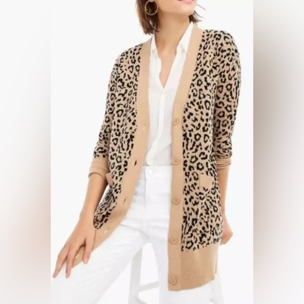 J.Crew V-neck Button-Up Cardigan Sweater Leopard Jacquard Print Tan Black Large